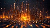 Glowing orange particles rise in vertical streams against dark background creating futuristic digital landscape with light trails and bokeh effects.