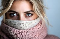 Close up portrait of young Caucasian woman with intense blue eyes and blonde hair wrapped in cozy pink and beige knitted scarf against light background.