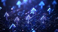 Digital network with glowing blue arrows pointing upward representing growth, progress and data flow on dark technological background with particles and lights.