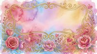 Watercolor floral frame with ornate gold scrollwork border, pink roses, and pastel gradient background. Isolated design element for invitations, greeting cards, and decorative projects.