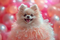 Smiling Pomeranian dog wearing pearl tulle collar against pink bokeh background, festive pet portrait with soft dreamy lighting and sparkly atmosphere.