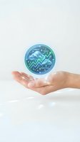 Hand holding glowing holographic sphere displaying financial forecast, trends, and prediction analytics with upward arrow charts and weather symbols for business growth and data analysis.