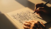 Hand drawing creative business strategy diagram with icons and flowchart elements on paper using black pen in warm natural lighting for planning concepts.