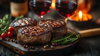 Grilled beef tenderloin steaks with red wine, rosemary sprigs, and peppercorns on rustic wooden board. Romantic dinner setting with candlelight creates cozy atmosphere.