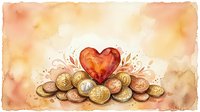 Watercolor heart with golden coins and decorative flourishes on textured background symbolizing love for money, wealth attraction and financial prosperity.