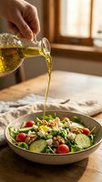 Male hand pouring golden olive oil over fresh salad bowl with vegetables, walnuts and greens in bright kitchen. Healthy eating and cooking concept.