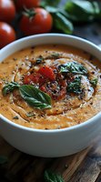 Creamy tomato soup garnished with fresh basil leaves, roasted cherry tomatoes, black pepper, and olive oil drizzle in white ceramic bowl, fresh ingredients visible.