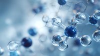 Abstract molecular structure with blue and transparent spheres connected by geometric lines, representing scientific research in chemistry or biotechnology.