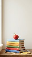Red apple with leaf resting on stack of colorful books in blue, yellow, orange, and green. Educational and back-to-school concept for learning and knowledge.