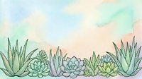 Watercolor succulent garden border with pastel sky background, featuring aloe and echeveria plants in soft green tones for cards and banners.