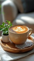 Cappuccino with latte art heart design served on wooden tray with decorative doily and small potted plant, natural morning light creates cozy cafe atmosphere.