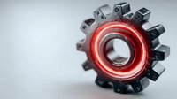 Metallic gear with glowing red inner ring on neutral background, symbolizing industrial technology, mechanical engineering, and power transmission.