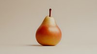 Single ripe pear with red blush and brown stem isolated on beige background, minimalist food composition for healthy lifestyle and culinary design.