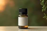 Small amber glass bottle with blank white label and black cap on wooden surface with green plants and warm sunlight for natural wellness branding.
