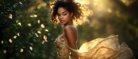 Young African American woman with natural curly hair in golden dress poses at sunset with flowing fabric and falling leaves creating magical atmosphere for fashion photography.