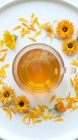 Cup of herbal tea surrounded by fresh yellow flower petals and blooms on white background, overhead view for wellness and natural beverage design.