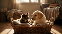 Adorable puppy and kitten sitting together in wicker basket with warm sunlight streaming through window in cozy bedroom interior.