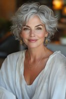Elegant mature woman with stylish silver gray hair and natural makeup wearing white flowing garment smiles warmly at camera. Soft lighting creates intimate atmosphere.
