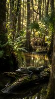 Alligator resting on fallen log in swamp wetland with dappled sunlight filtering through cypress trees and lush ferns creating peaceful wildlife habitat scene.