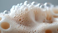 Macro shot of white soap foam bubbles creating abstract texture pattern with soft depth of field and warm undertones, suitable for hygiene and cleanliness concepts.