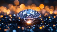 Sparkling diamond on dark surface with golden bokeh lights creating magical atmosphere. Luxury jewelry concept with dramatic lighting and reflective details.