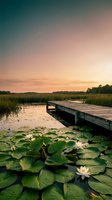 Wooden dock extending over tranquil lake with blooming water lilies at golden hour sunset creating peaceful natural landscape for relaxation and meditation.