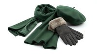 Green winter accessories set with scarf, beret hat and brown leather gloves with fur trim isolated on white background for fashion and seasonal wear designs.