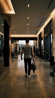 Athletic man walking through modern gym corridor with sports bag, heading to workout area with exercise equipment and large windows.