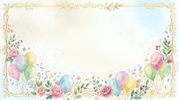 Ornamental floral frame with pastel balloons, roses, and botanical elements on cream background. Isolated design ready for invitations, cards, and decorative projects.