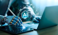Robotic hand typing on laptop with glowing AI artificial intelligence hologram interface displaying digital icons and data analytics symbols.