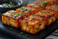 Grilled tofu cubes with spicy marinade and fresh green onions served on black slate plate, perfect for vegetarian cuisine.