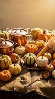 Autumn harvest display with copper pots, pumpkins, gourds and corn on rustic burlap for seasonal cooking and Thanksgiving kitchen preparation.