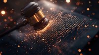 Wooden judge gavel on digital background with binary code and glowing particles, dramatic lighting creates legal technology concept atmosphere.