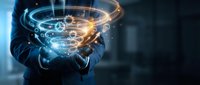 Businessman holding glowing digital network connections with futuristic holographic interface technology in modern office environment for innovation concepts.