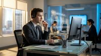 Professional businessman in suit working at computer in modern office environment with colleagues in background during daytime.