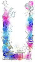 Watercolor science frame with laboratory equipment, microscope, test tubes, molecular structures, and balloons on white background for educational design.