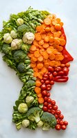Fresh vegetables arranged in shape of human face profile with carrots, broccoli, lettuce, tomatoes and red peppers creating artistic food composition on white background.