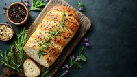 Fresh baked artisan bread loaf with black sesame seeds on rustic wooden board, garnished with herbs and spices, dark moody background with copy space.