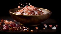 Pink Himalayan salt crystals in wooden bowl with scattered grains and spices on dark rustic background, dramatic food photography lighting for culinary design.