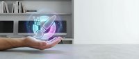 Hand holding holographic medical icons floating above palm in modern office interior with digital healthcare technology concept for telemedicine applications.