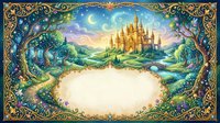 Ornate fantasy frame with golden castle, magical tree, crescent moon and decorative border creating enchanted storybook scene with blank center space.