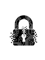 Digital padlock with circuit board pattern and pixelated elements representing cybersecurity, data protection and network security technology on white background.