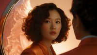 Young Asian woman with curly bob hairstyle in orange blazer looking at reflection in mirror against warm backlit background, cinematic portrait in retro style.