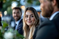Young Caucasian woman with blonde hair smiling warmly during outdoor social gathering with colleagues. Natural lighting and bokeh background create professional atmosphere.