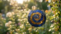 Blue and gold stained glass suncatcher hanging outdoors with warm bokeh lights creating magical atmosphere for home decor and spiritual meditation spaces.