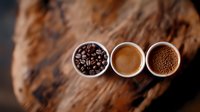 Three white ceramic bowls with coffee evolution: whole roasted beans, fresh brewed coffee, and ground coffee powder on rustic wooden background. Perfect for cafe menu design.