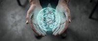 Protective hands surrounding glowing medical caduceus symbol representing healthcare protection, wellness care, and medical insurance coverage concepts.