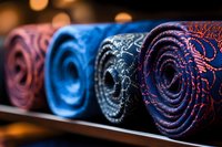 Elegant rolled neckties in vibrant colors and paisley patterns displayed in row with selective focus and bokeh background, showcasing luxury menswear accessories.