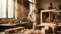 Senior craftsman woodworker in apron using hand plane on wooden board in traditional carpentry workshop with natural sunlight streaming through windows.