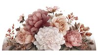 Elegant floral arrangement with dusty pink peonies, white dahlia, and blush roses in a semicircle composition on white background, perfect for wedding invitations.